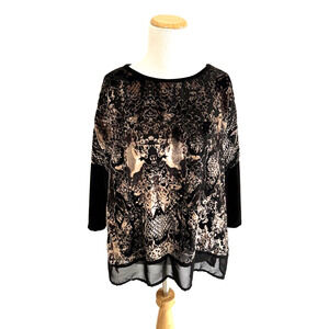 Chico's Top 1 Black Velvet Gold Print Lined Drop Half Sleeves Relaxed Pullover